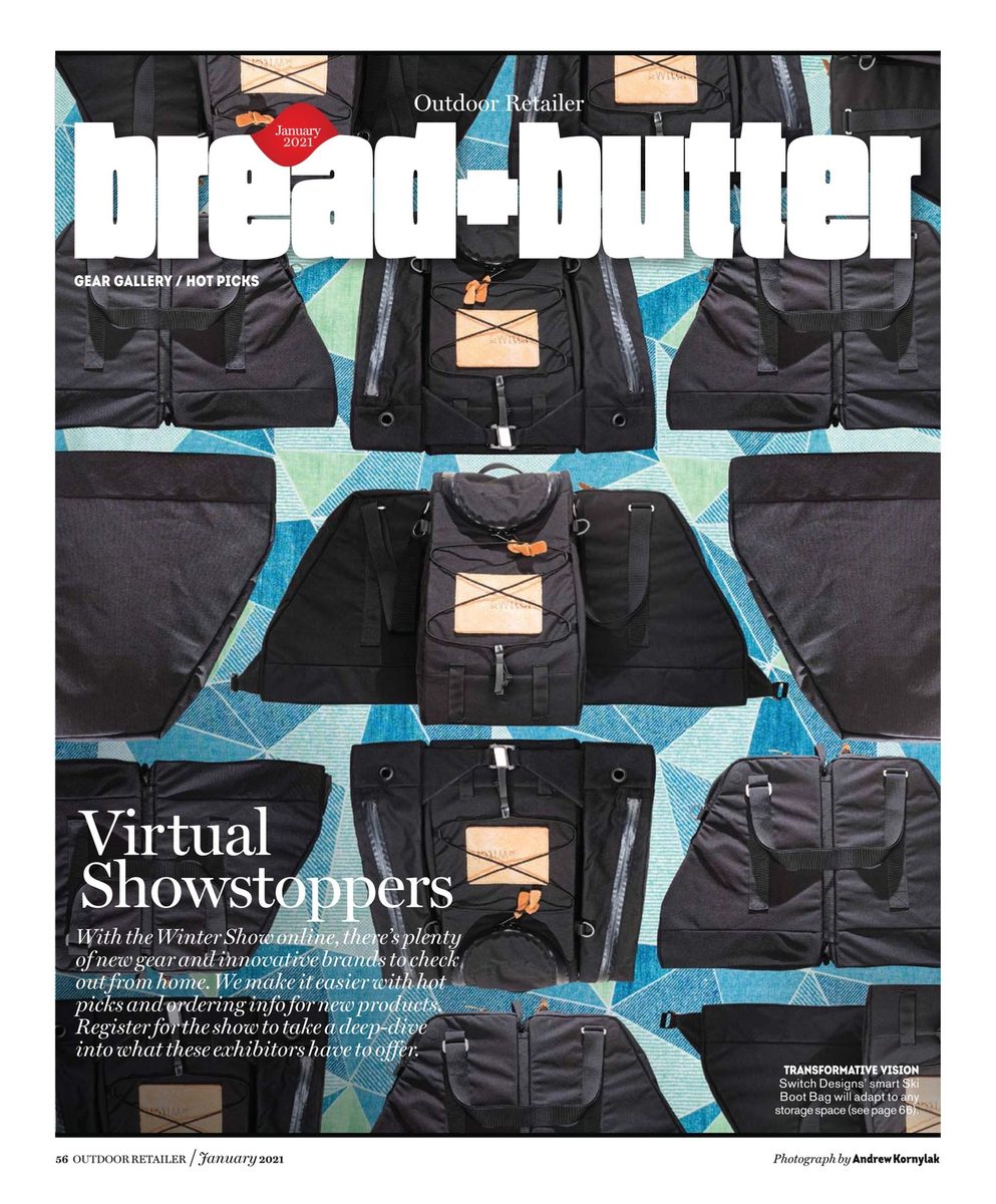 Switch Designs boot bags arranged in a grid across the opening spread of Outdoor Retailer Magazine, January 2021